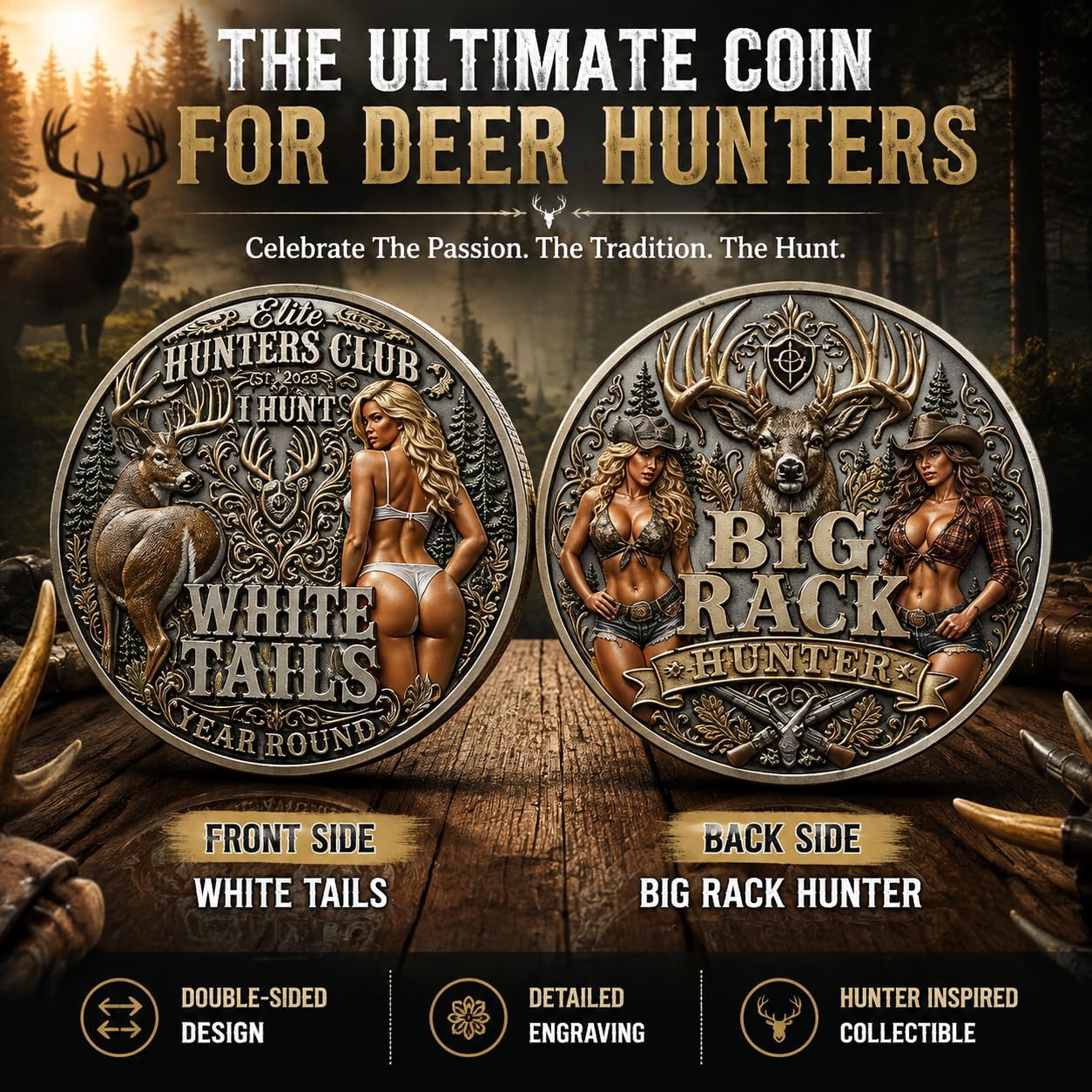 Elite Hunter Club Commemorative Coin, Big Rack Hunter Double-Sided Challenge Coin with I Hunt White Tails Year Round, Deer Hunter Gift for Dad, Husband, Outdoorsman and Hunting Enthusiasts，3PCS image 4