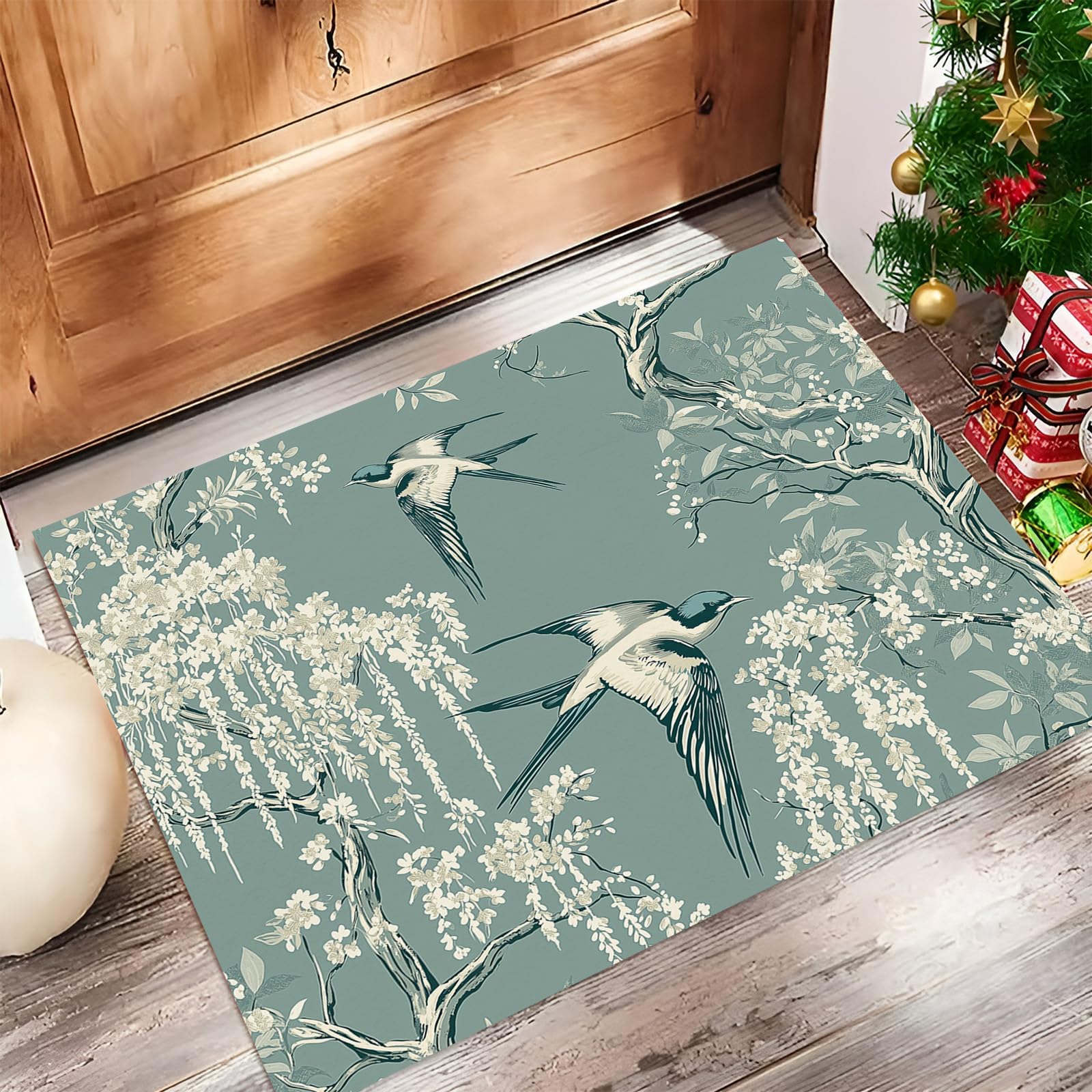 Paillasson traditionnel plante 90x150cm vert avec motif oiseau pour couloir