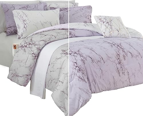Elegant Comfort Juego de edredón reversible de 10 piezas, estampado de mármol, almohada decorativa y sábana bajera con bolsillos inteligentes,