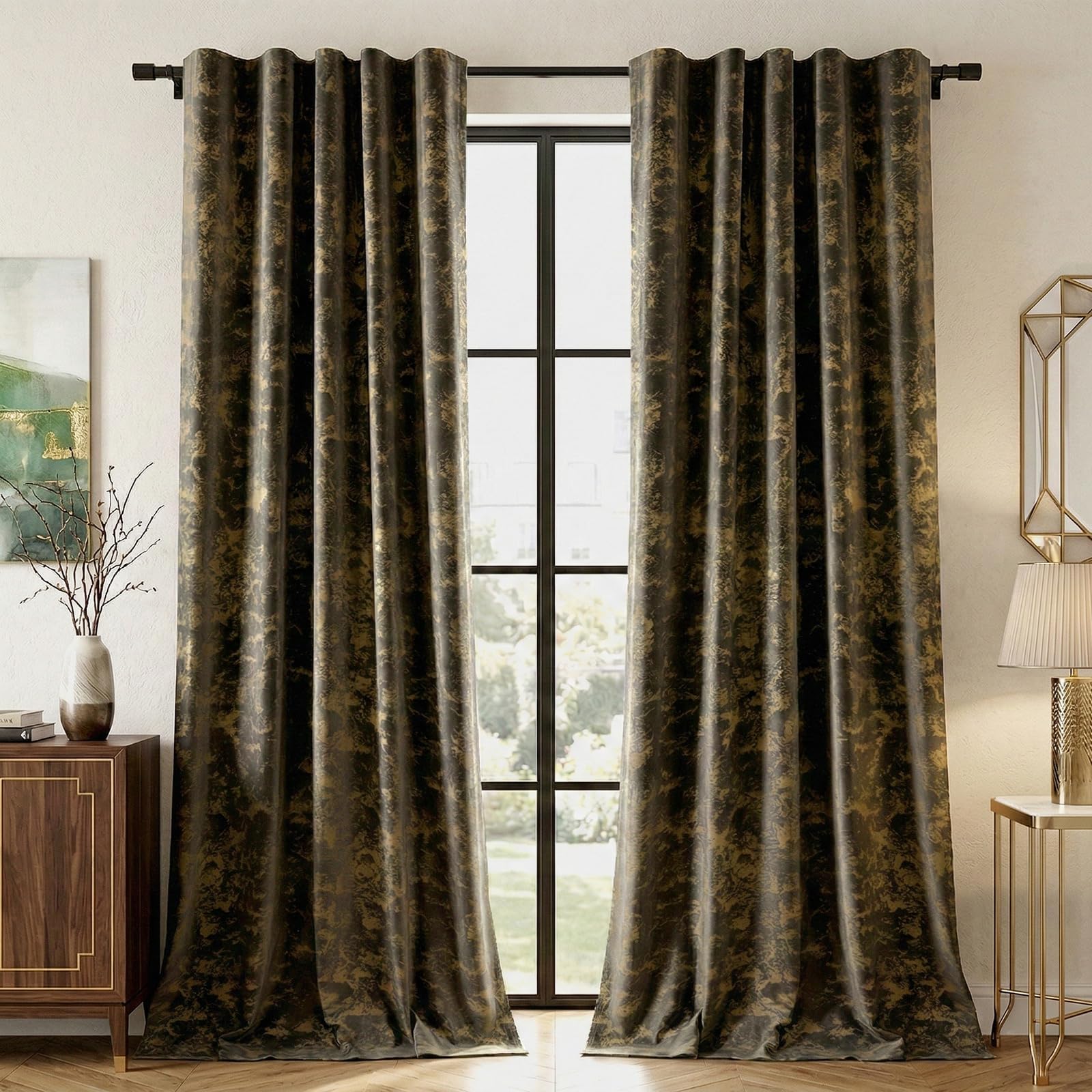 Rosnek Samt Vorhang Blickdicht 2er Set,H274xB132CM Gardinen Kräuselband mit Heißprägen Muster,Thermogardine Verdunklungsgardine mit Multifunktionsband,Braun