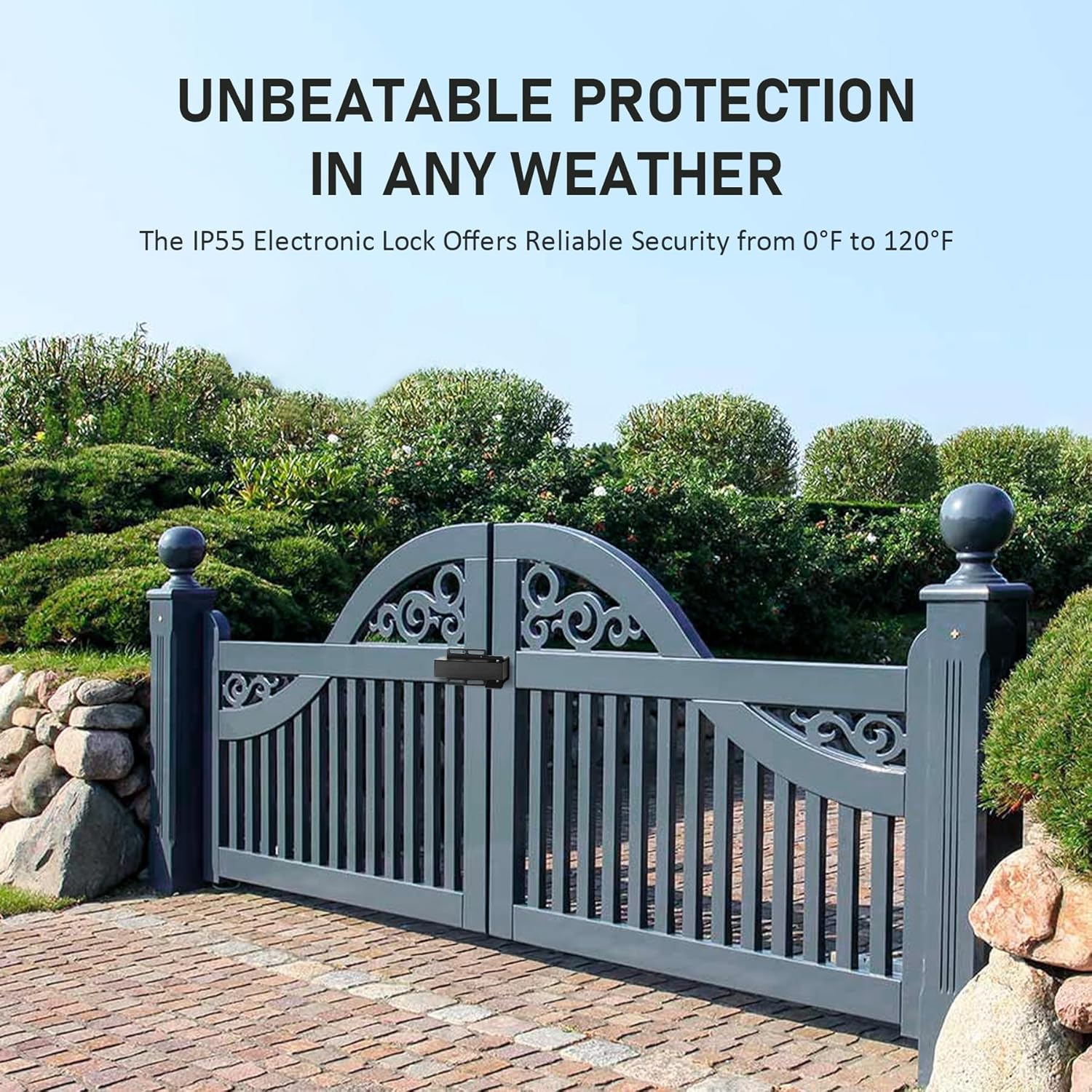 An installed electric gate lock on a closed gate, demonstrating its weatherproof protection in various temperatures.