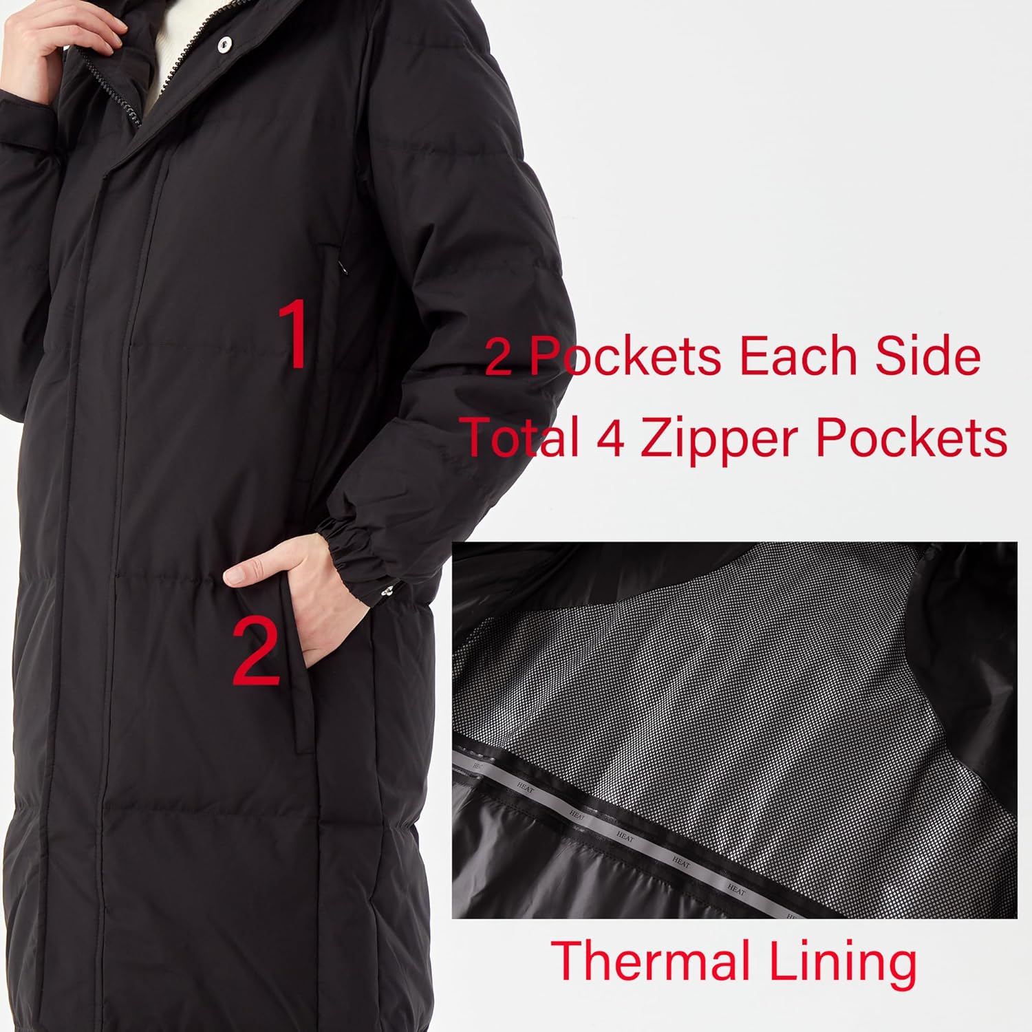 Women’s Long Goose Down Coat,Hooded Winter Puffer Jacket with 4 Zipper Pockets and Thermal Lining - Image 4