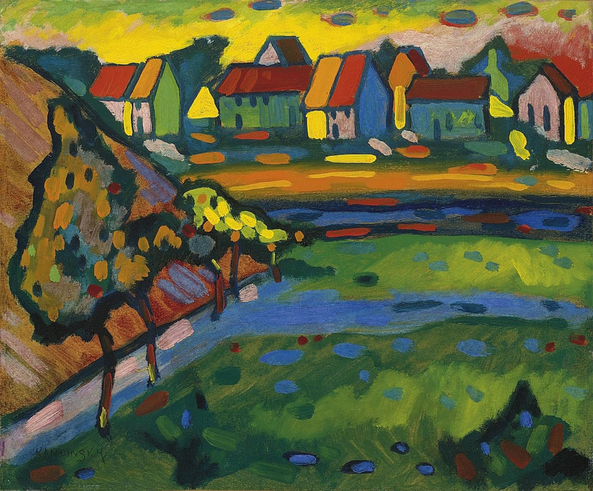 ARTXLXXBN Famous Prints Artwork Pictures Poster Painting Art Bavarian Village with a Fieldc. by Wassily Kandinsky Artwork Landscape Pictures for Home Decor 60x90cm