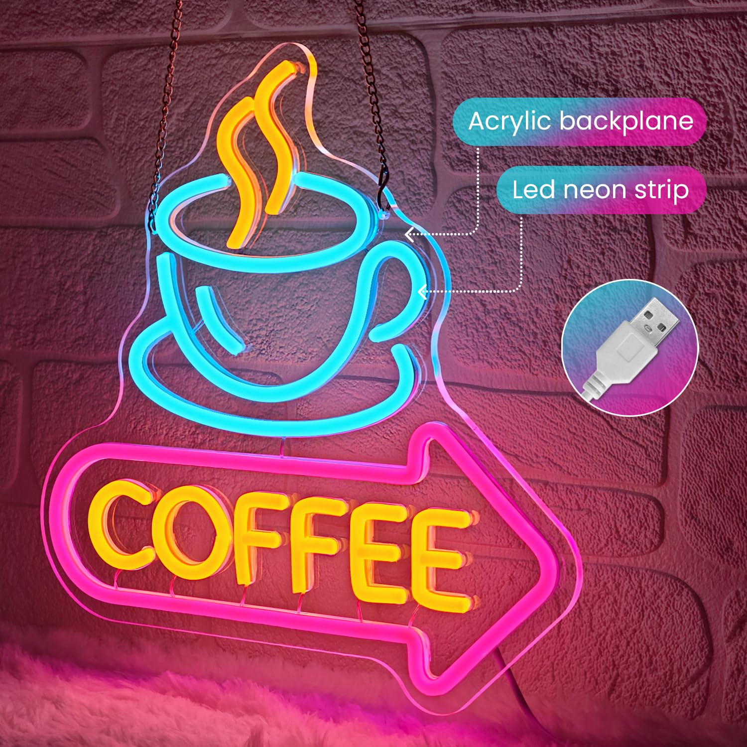 Lxmoneon Coffee Neon Light Sign Coffee Cup Led Neon Signs Dimmable Coffee Bar Neon Light USB Arrow Neon Wall Sign for Cafe Shop Station Corner Home Bar Kitchen Party Gift - Image 4
