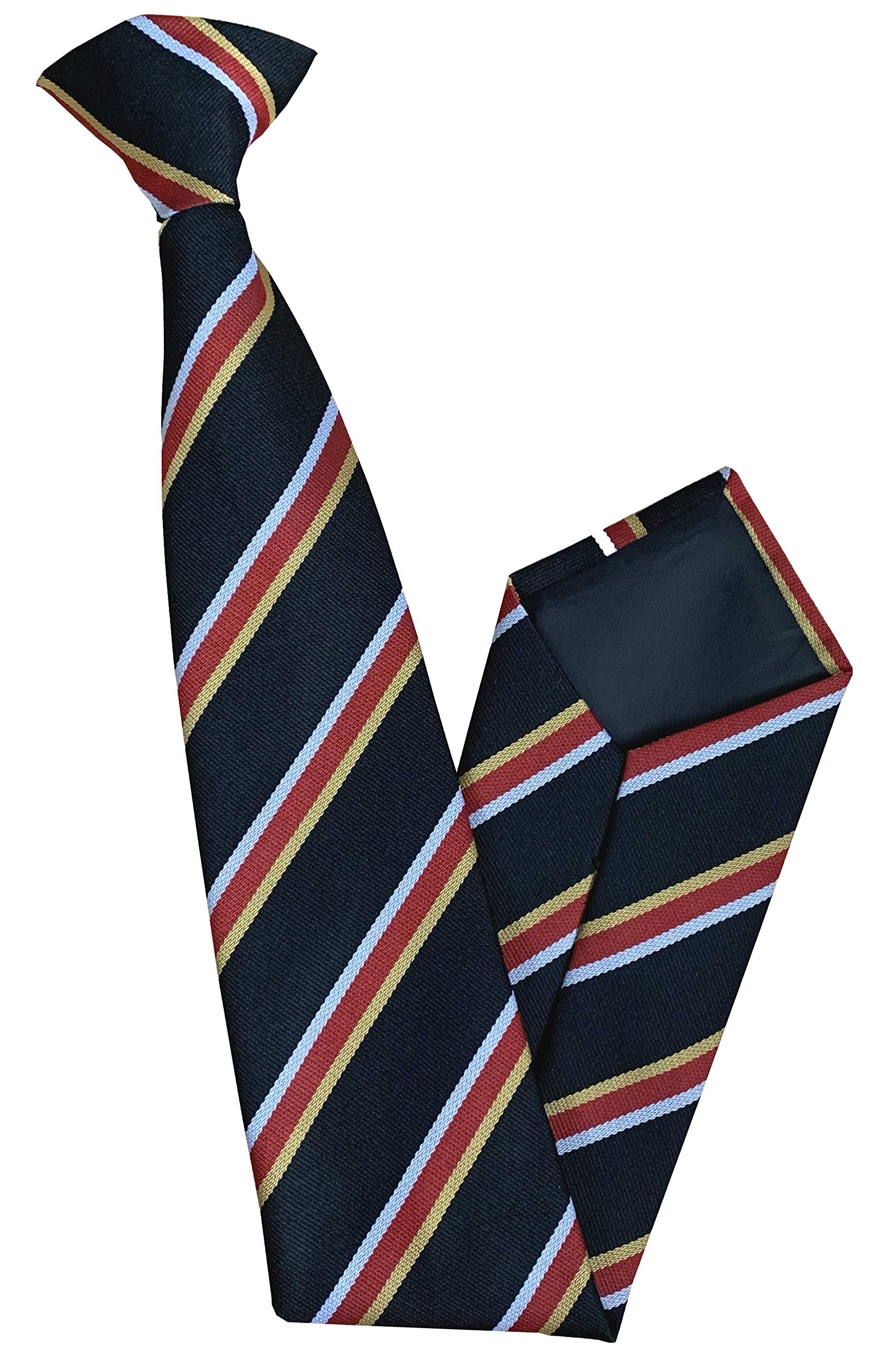 Great British Tie Club Men's Black, Red, Gold, White Clip On Tie (Black With Red, Gold & White Stripes)