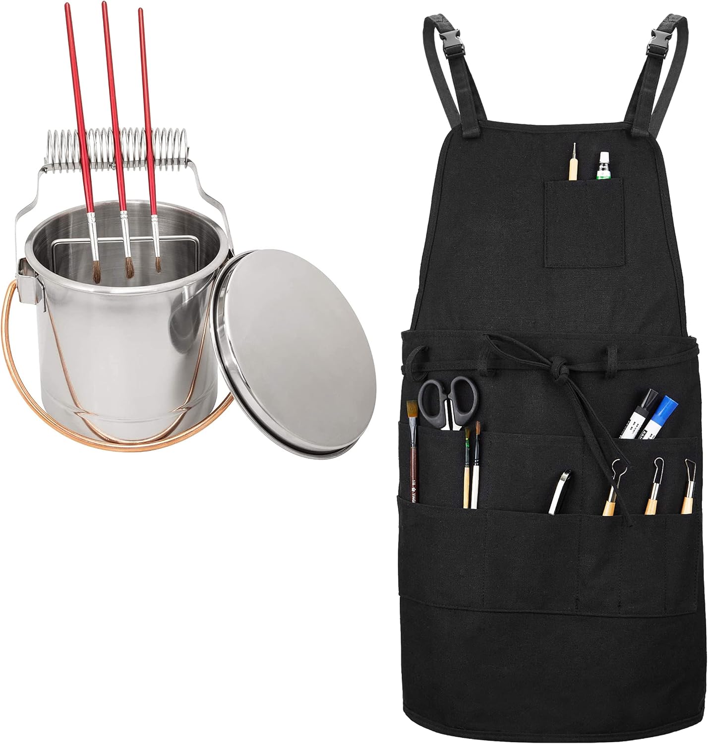 MyLifeUNIT Stainless Steel Paint Brush Cleaner and Adjustable Artist Apron with 10 Pockets for Arts Painting