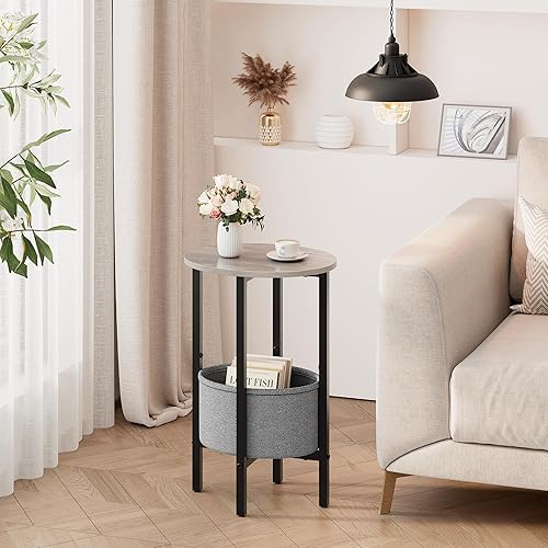 Miniatura 2 de Vagusicc Mesa auxiliar redonda con cesta de almacenamiento, mesita de noche redonda pequeña para espacios pequeños, mesa auxiliar ovalada alta con