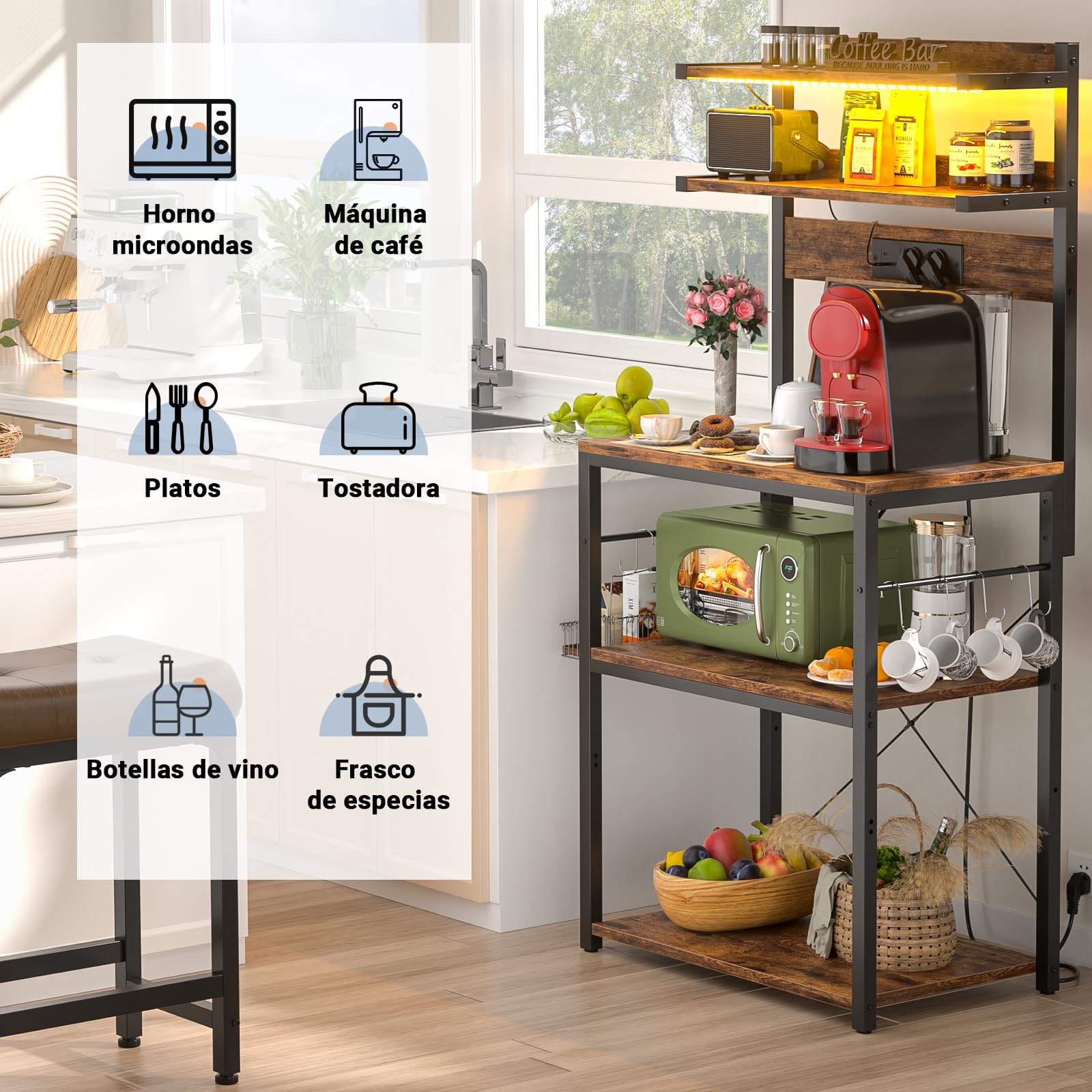 Estantería de Cocina con Enchufes, Luces LED, Soporte para Microondas, 60x40x147cm, Marrón Rústico