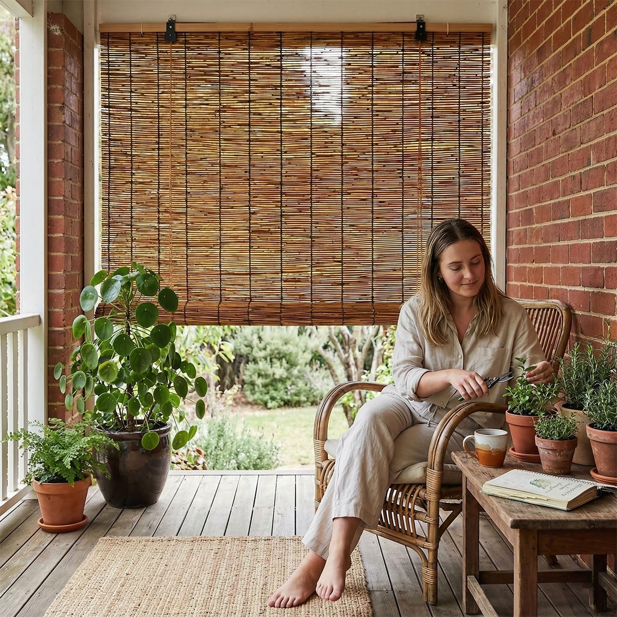 RETR Bambusrollo Outdoor Wetterfest, Sichtschutz Rollo für Balkon, Lichtfilternde Rollo Bambus für Garten, Sonnenschutz Bambus Jalousie Außen, Natur Schilf Vorhang(Natural,120 x 180 cm)
