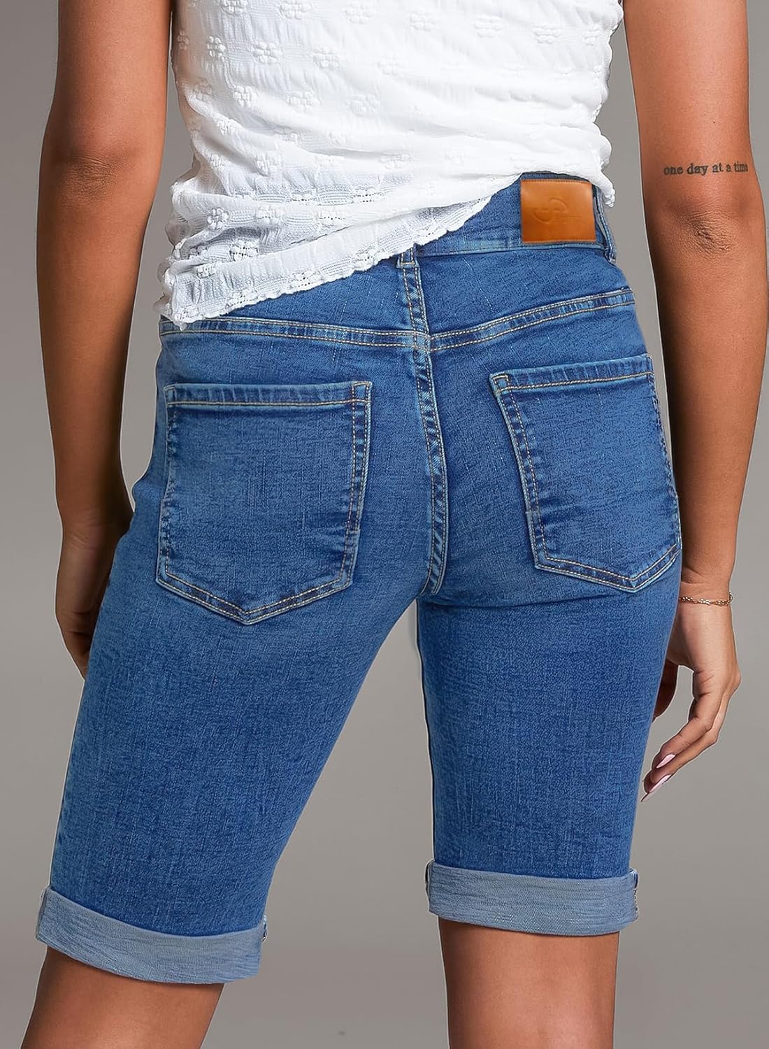 Sidefeel Women's Jean Shorts High Waisted Stretchy Bermuda Folded Hem Denim Summer Shorts - Image 2