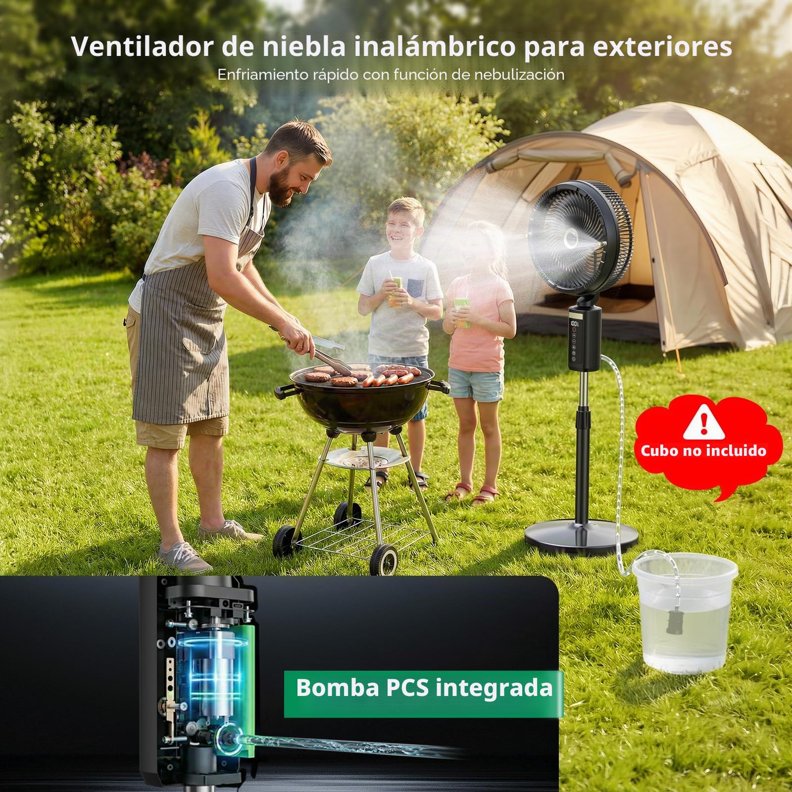 Ausic Ventilador de nebulización al aire libre para patio, ventilador de pedestal inalámbrico recargable de 30,000 mAh, ventilador de refrigeración portátil oscilante de 12 pulgadas, ventilador de pie