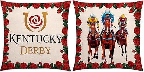 Kentucky Derby - Juego de 2 fundas de almohada con temática de carreras de caballos de rosas para sofá y sofá, 18 x 18 pulgadas, juego de 2 unidades