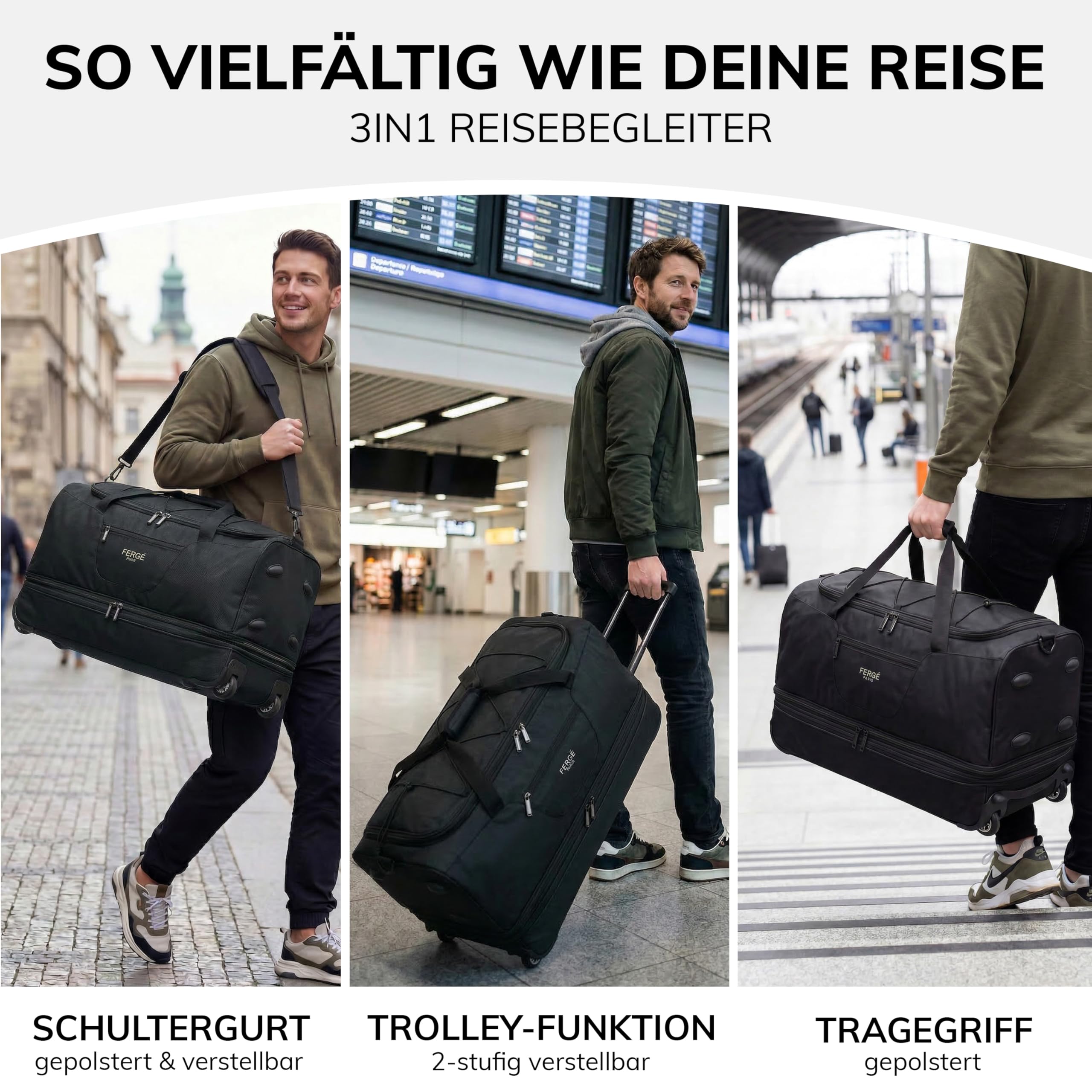 FERGÉ XL große Reisetasche mit Rollen erweiterbar und Schuhfach - Trolley mit Spanngurten Weichgepäck Reisetasche Weekender Paris