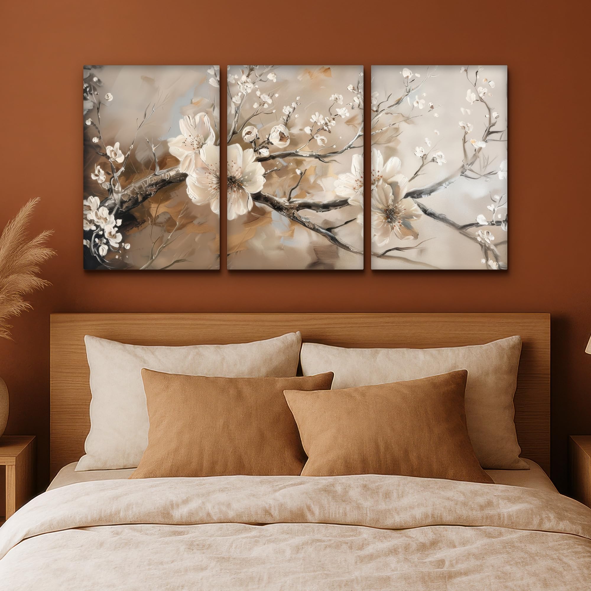 MuchoWow© Wandbilder 3er Set 120x60 cm Wohnzimmer Wanddeko Schlafzimmer Zimmerdeko Wandgemälde Zimmer Deko auf Wand Dekoration Leinwände Blüte - Beige - Abstrakt - Blumen