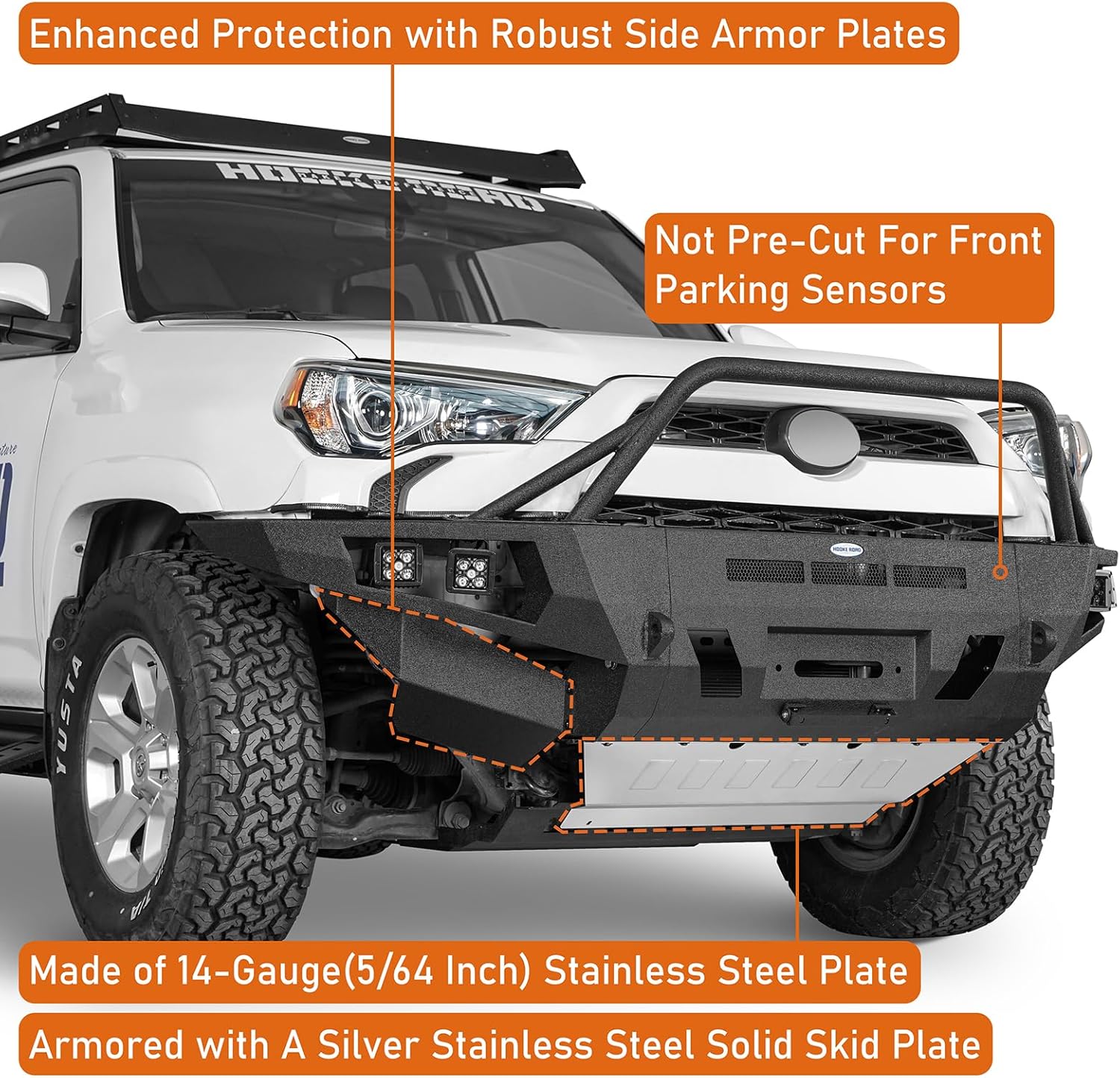 Hooke Road ExplorerX Front Bumper for 2014-2024 Toyota 4Runner 5th Gen, Full Width Rock Crawler Bumper with Winch Plate, Skid Plate & D-Ring Mounts