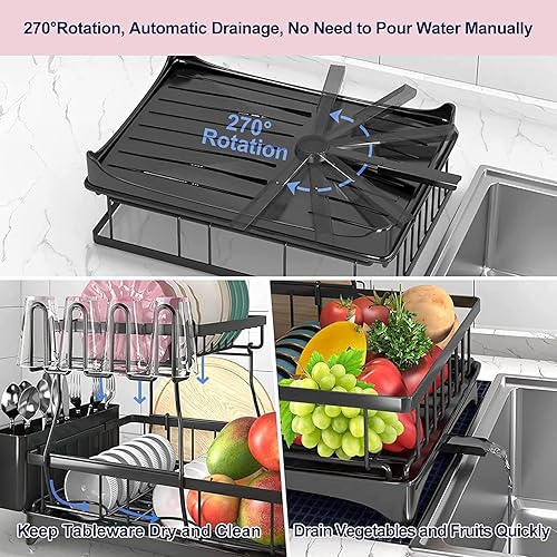 Miniatura 4 de Escurridor de platos con juego de escurridor, de acero inoxidable de 2 niveles para encimera de cocina, escurridor de platos con soporte para