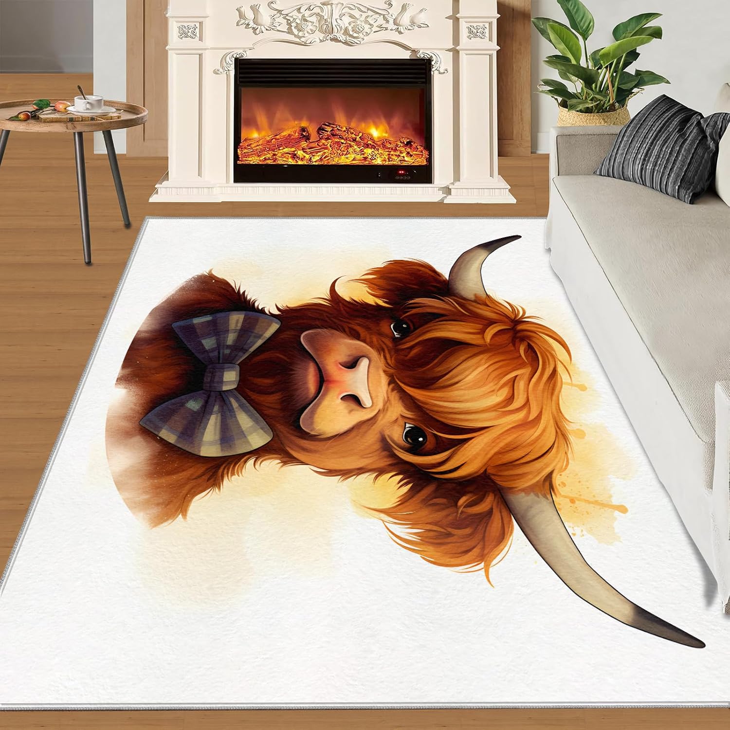 Gentleman Cow Rug 4x6 Area Rug,Funny Animal Print Indoor Rugs, Cartoon Kids Anti-Slip Backing Rug, Cute Highland Cow Washable Floor Carpet for Study Dining Room