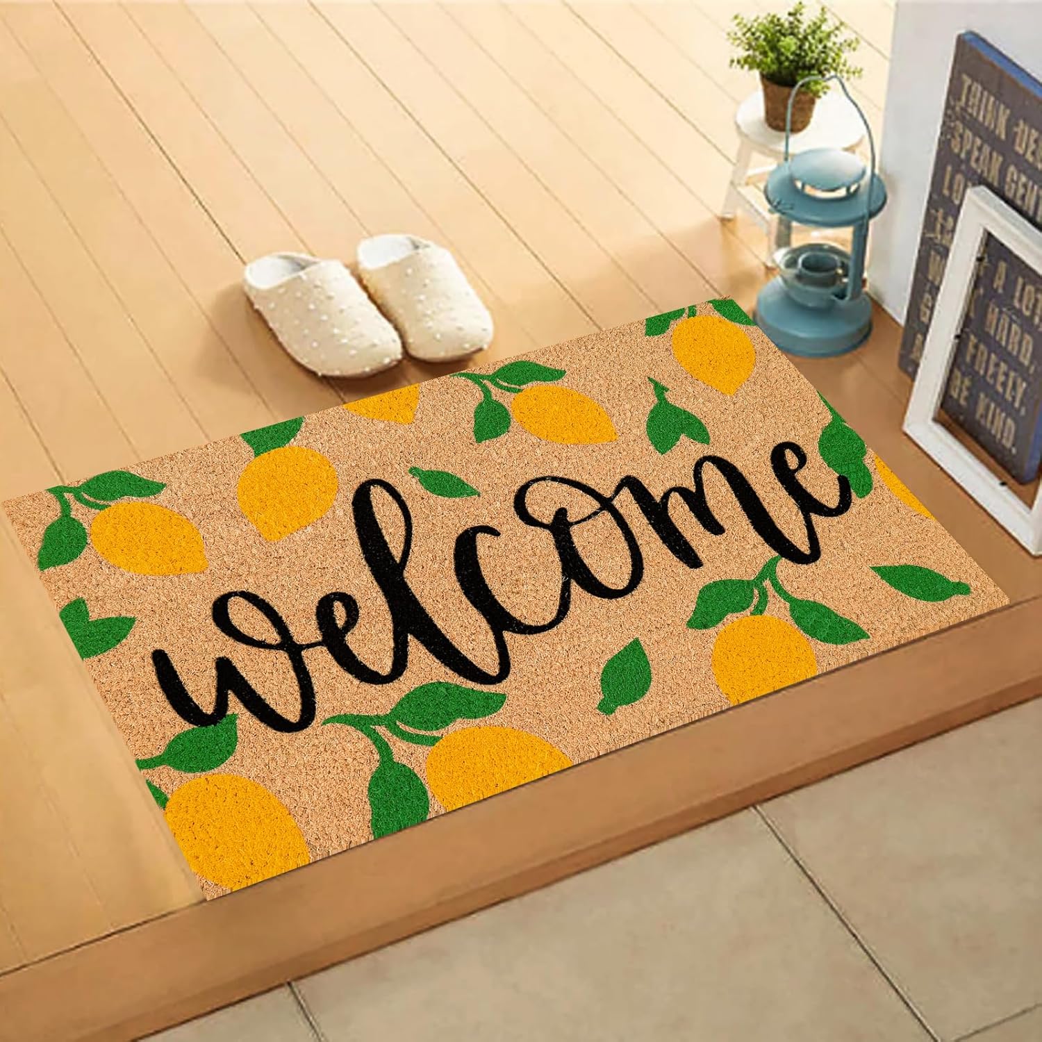 JarThenaAMCS Lemon Natural Coir Door Mat Yellow Summer Lemon Welcome Floor Mat Non-Slip Entrance Door Rugs for Indoor Outdoor Home Bathroom Decor, 16.5 x 29 Inch