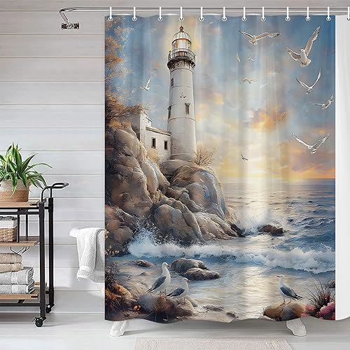 Miniatura 3 de Cortina de ducha con diseño de faro náutico, paisaje retro, costa, roca, gaviota, tropical, hawaiano, escena de poliéster, decoración de baño, 70 x
