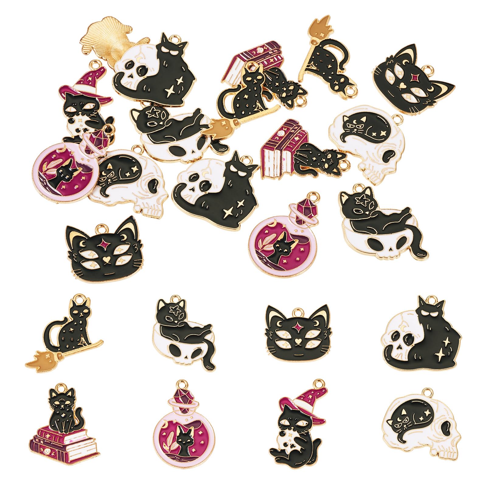 Lot De 16 Breloques En Forme De Chat Noir (Halloween) - Alliage émaillé, Pour Fabrication Bijoux (colliers, Bracelets, Porte-clés)