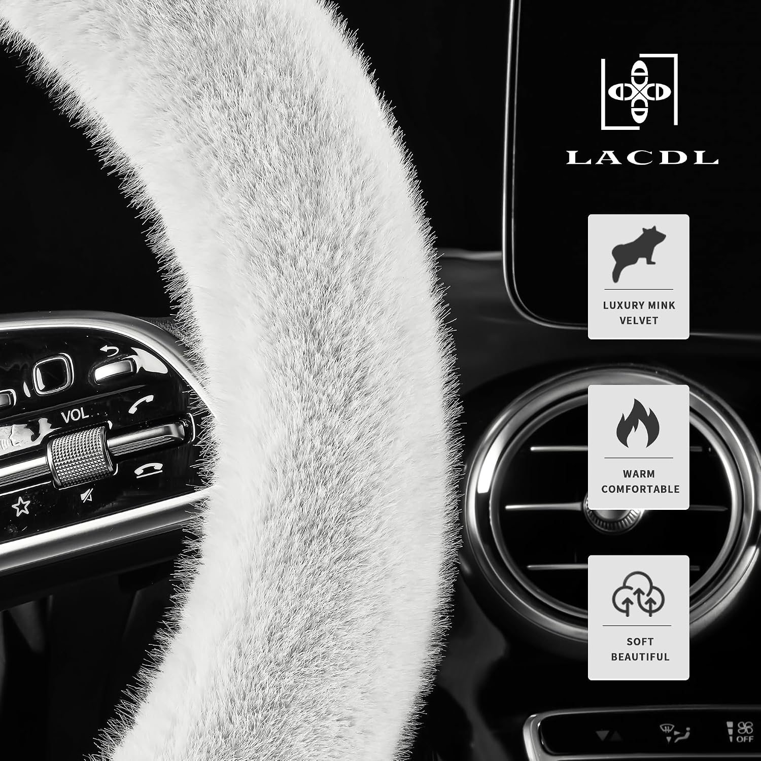 LACDL Fuzzy Winter Steering Wheel Covers for Women, Warm Cute Fluffy Car Wheel Cover for Sedan Suv, Super Soft Furry Girly Auto Plush Car Handle Cover for Cold Weather, White, 14-15inch, Standard Size