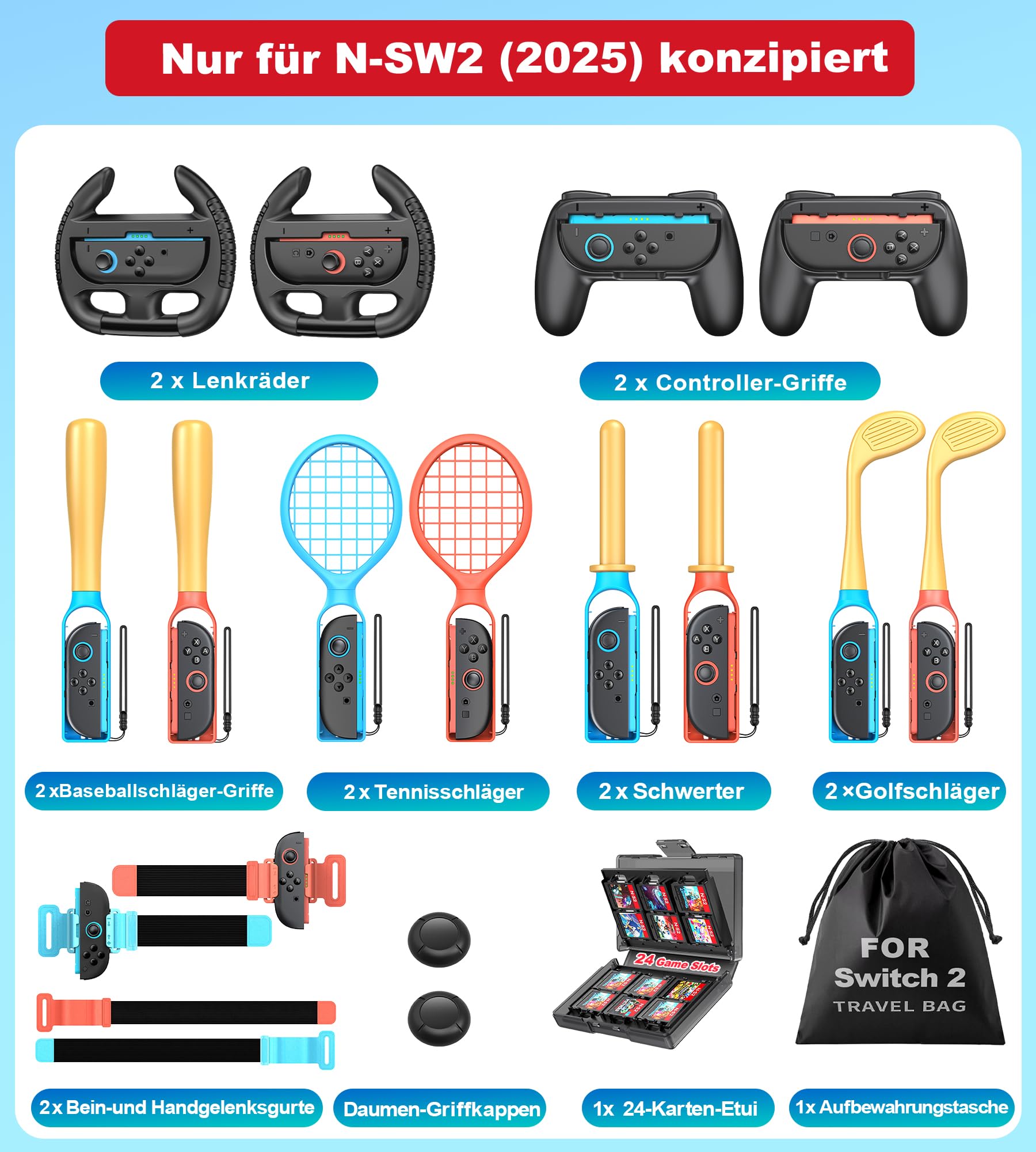 20 in 1 Switch 2 Sport Zubehör Set für Nintendo Switch 2, Familienparty Paket Sportspiele Zubehör, Aufbewahrung für Switch 2 Sport Spiel Organizer,20 Stück(nur fur Switch 2)