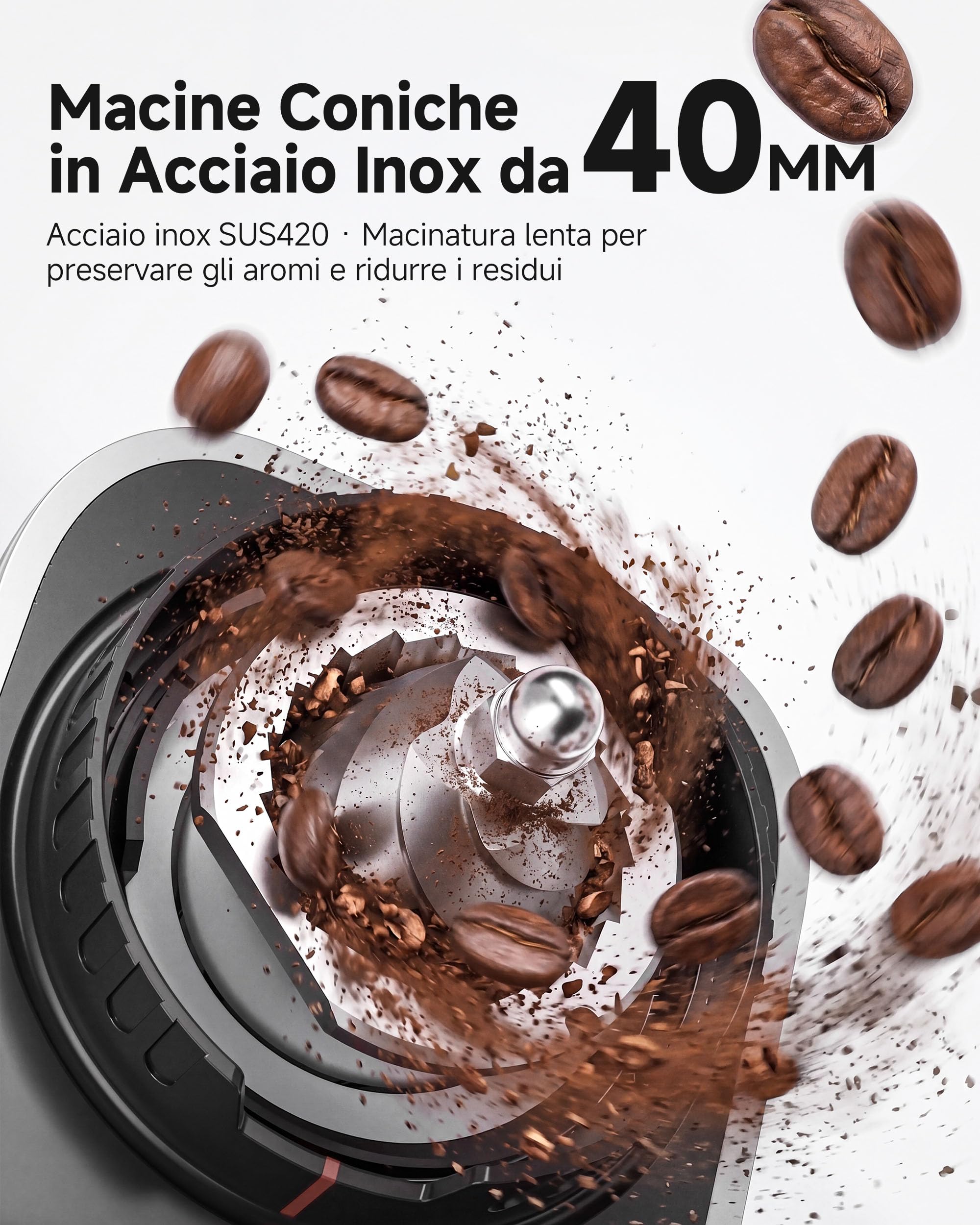 AAOBOSI Macinacaffè Elettrico, 45 Livelli, Macine Coniche in Acciaio | Sistema antistatico al plasma, memoria, timer programmabile, contenitore chicchi 300 g, per espresso e caffè filtro
