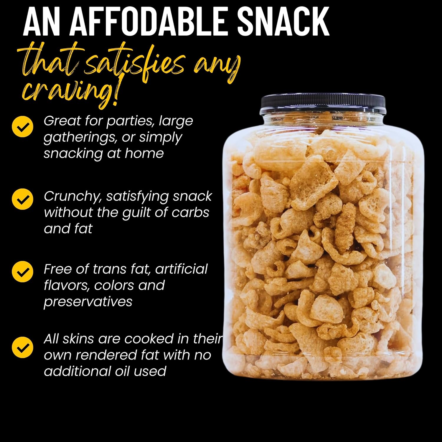 (2) Original Fried Pork Rinds, 16oz Resealable Jar Crunchy Premium Chicharrones High Protein Low Carb Alternative Crackling Savory Guilt-Free Home Office Party Snacks