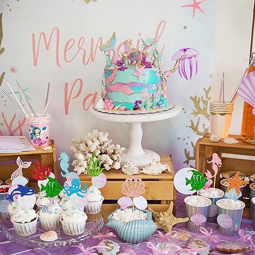 Miniatura 7 de Gyufise 30 adornos para cupcakes de sirena y estrella de mar, coral con purpurina, pulpo, caballito de mar, medusas para fiestas temáticas bajo el