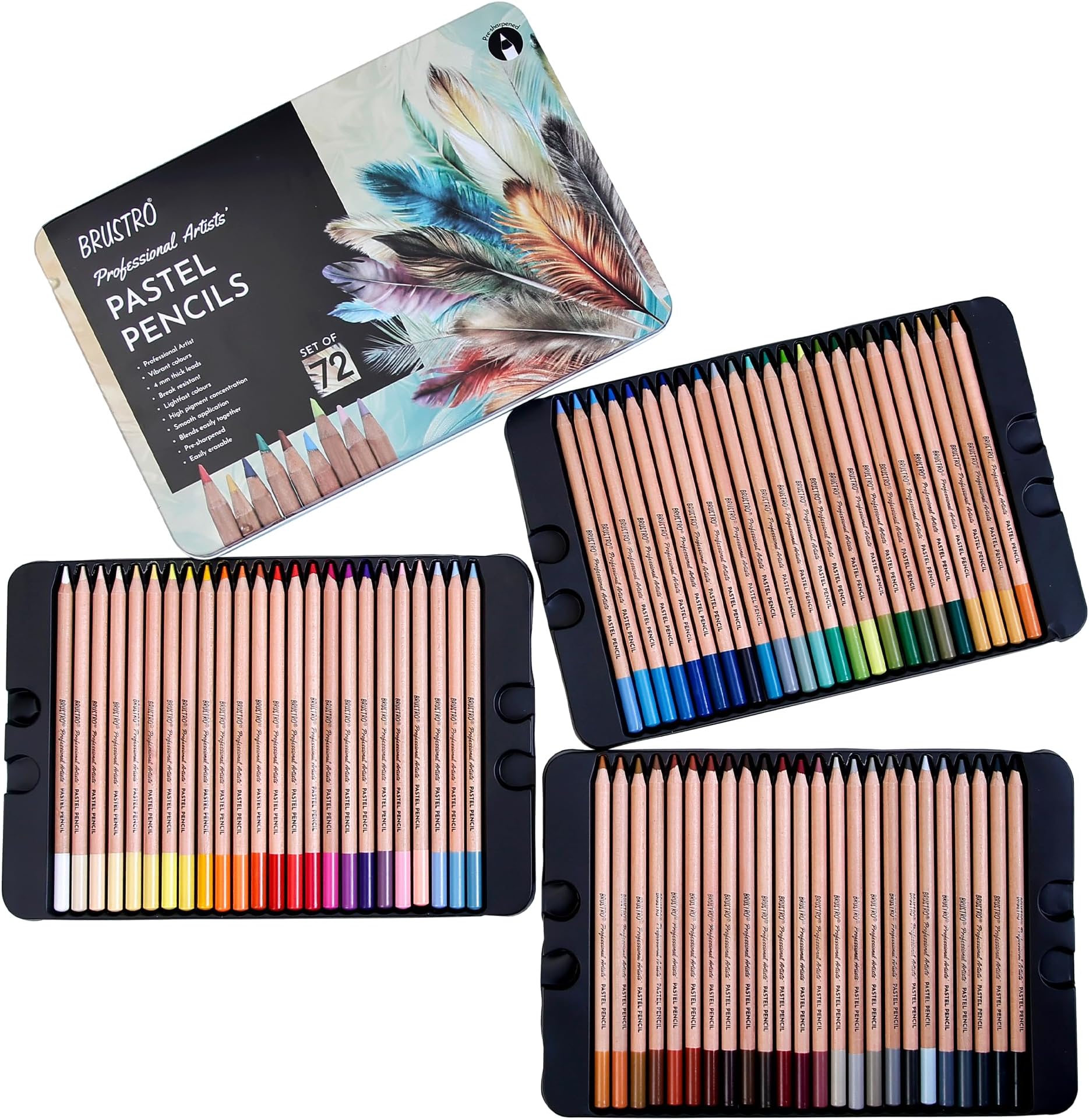 BRUSTRO Artists Pastel Colored Pencils - Set of 72 Shades - 4mm Lead | Break Resistant, Erasable, High Pigmented, Vibrant Colours | Ideal for Drawing, Mandala, Shading, Portrait, Fine Art Students