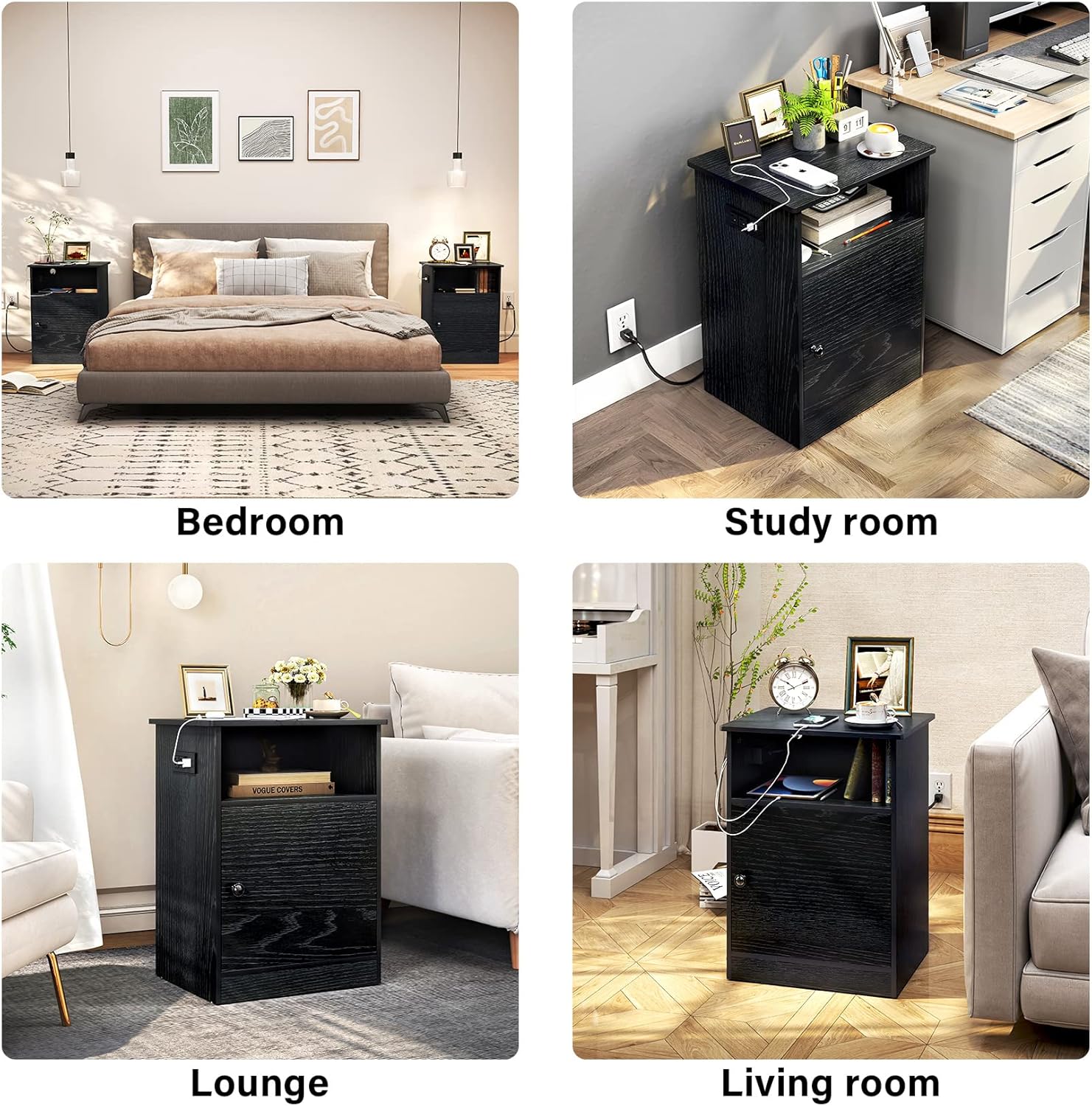 TC-HOMENY Nightstands Set of 2 with Charging Station, Side Table, Bedside Tables with Barn Door and USB Ports & Power Outlets for Living Room, Bedroom
