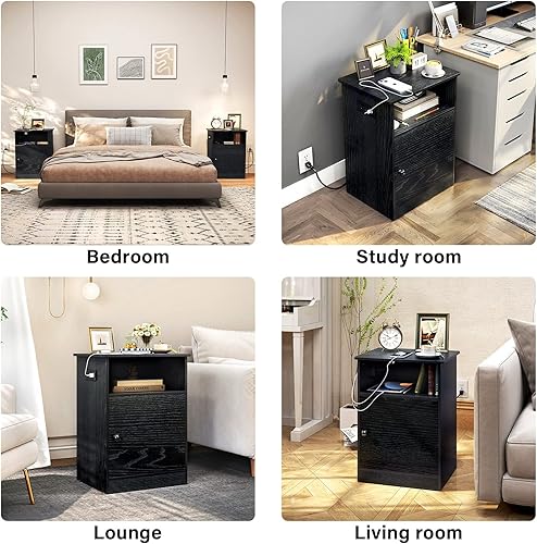 Miniatura 4 de TC-HOMENY Juego de 2 mesitas de noche con estación de carga mesa auxiliar con ruedas mesitas de noche con puerta de granero y puertos USB y tomas de