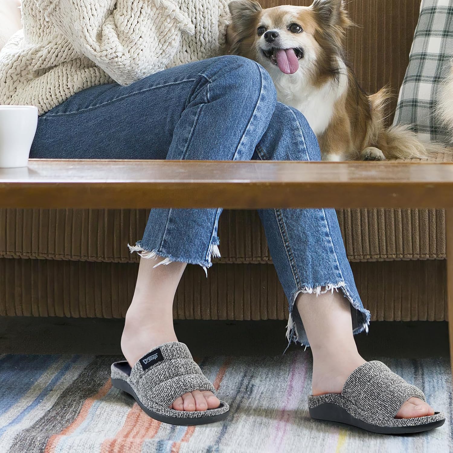 V.Step Orthopedic Slippers with Arch Support for Women Men, Orthotic Bedroom Slippers Slides for Plantar Fasciitis,Open Toe Slip on House Shoes Indoor Outdoor for Ladies, Foot Pain Relief (Black, Adult, Men, 5, Numeric, US Footwear Size System, Medium)