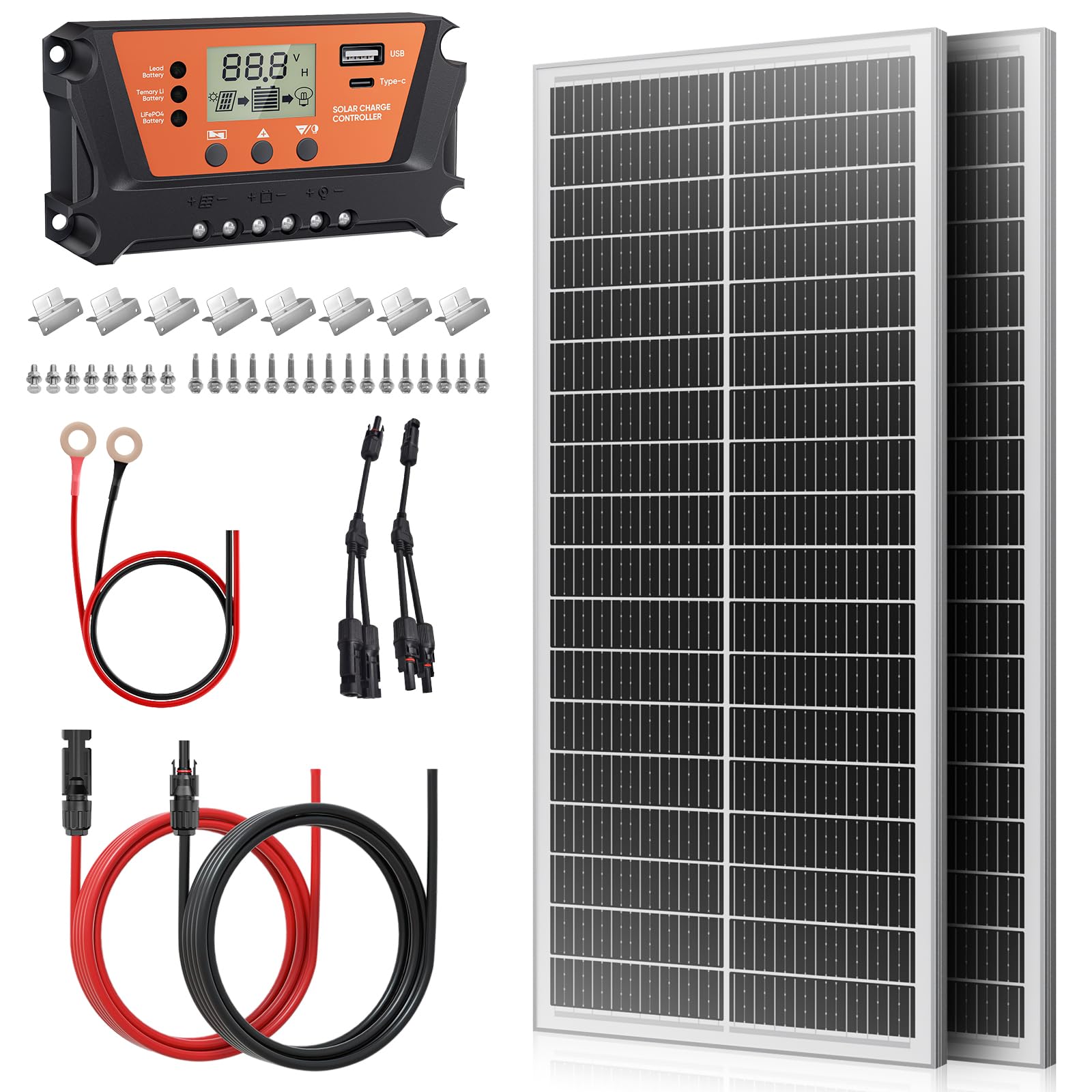 Kit Panneau Solaire 200 W 12V (2x100W) N-Type 18BB 25% IP68, Régulateur PWM 30A, pour Camping-Car, Van, Bateau, Système Solaire Hors Réseau