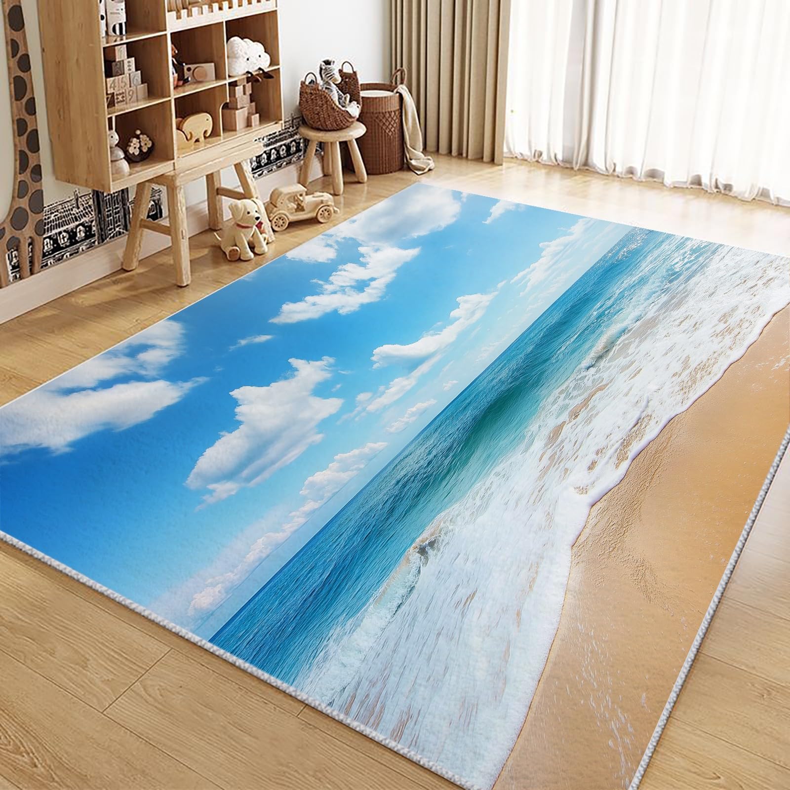 Tapis de salon bleu 140x200cm décor paysage marin pour chambre adulte