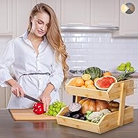 Vista 2 de Cesta de frutas de bambú de 2 niveles para encimera de cocina, encimera de almacenamiento de frutas de gran capacidad, soporte para frutas