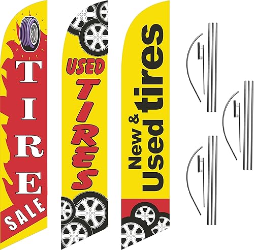 GLOBAL ADVERTISING SOLUTIONS - Venta de neumáticos usados, neumáticos nuevos y usados, bandera de plumas rojas y amarillas, letrero llamativo para