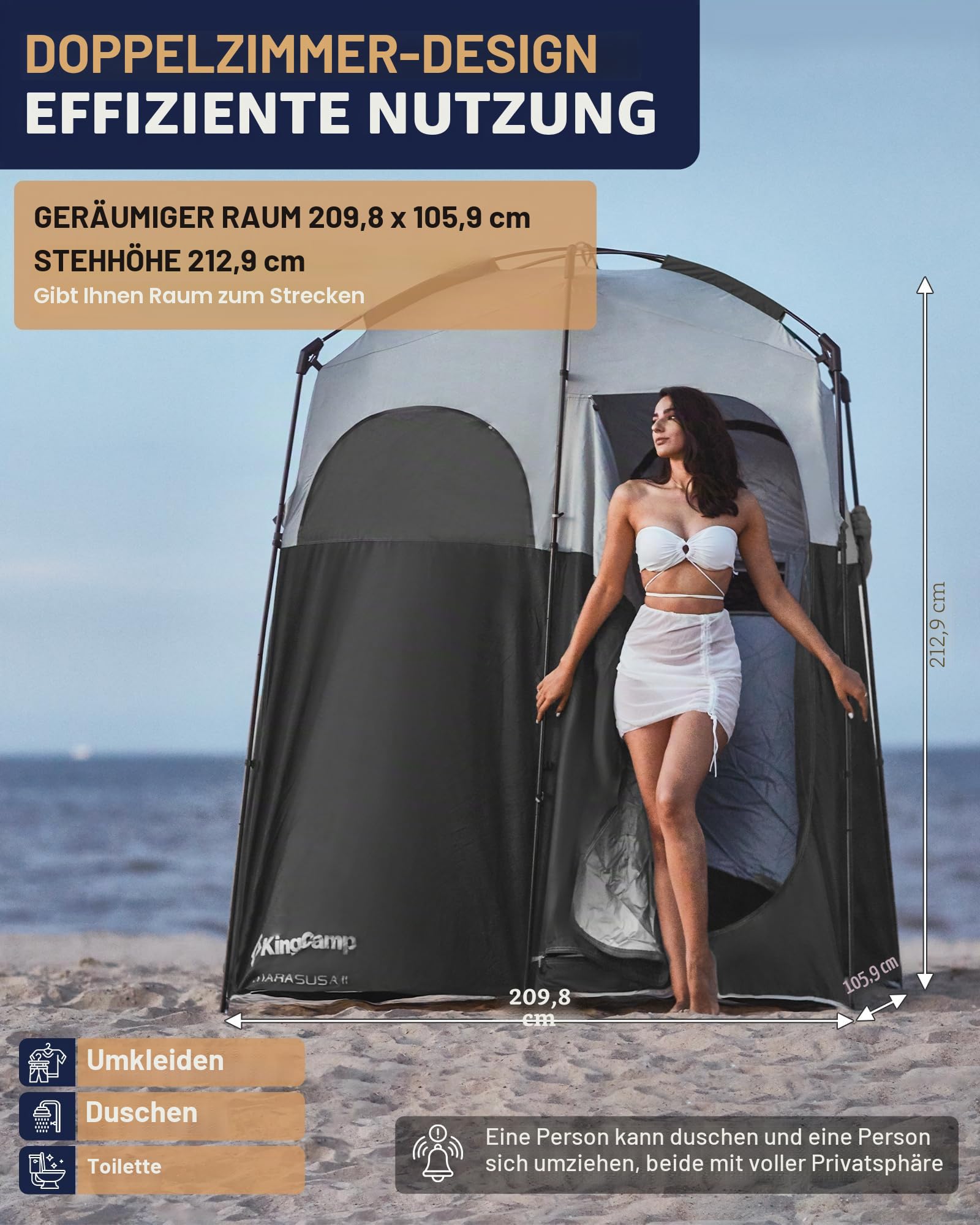 KingCamp Übergroße Outdoor-Duschzelte für Camping, Ankleidezimmer, tragbarer Unterschlupf, Umkleidekabine, Dusche, Privatsphäre, Einzel-/Doppelduschzelt, 200 x 105 x 203 cm