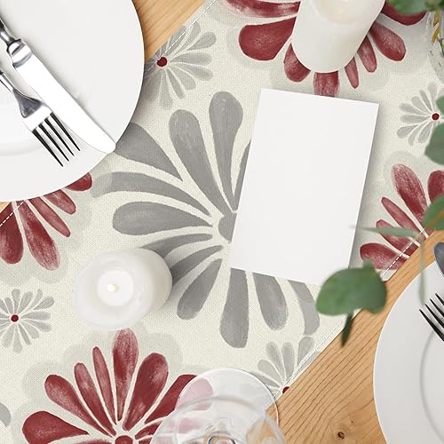 Miniatura 4 de AnyDesign Camino de mesa floral acuarela con flores rojas y grises, decoración de mesa de comedor de cocina, cubierta rústica para interiores y