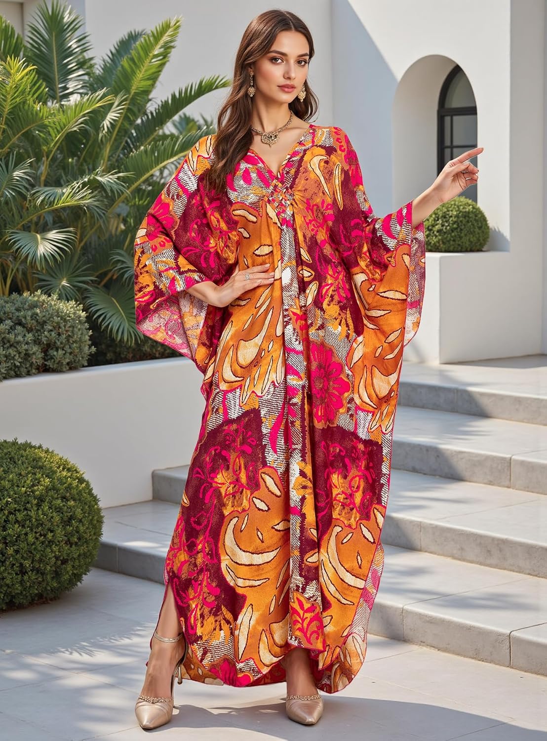 Women's Caftan Dresses Plus Size Mumu with V-Neck Batwing Sleeves Lightweight Beach Cover Up and Loungewear - Image 5