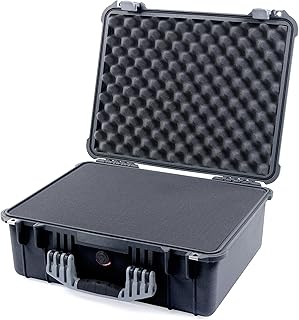 Pelican 1550 Case by ColorCase - Black - Medium Size Waterproof Case with Pick & Pluck Foam Set & Convoluted Lid Foam - Silver Handles & Latches