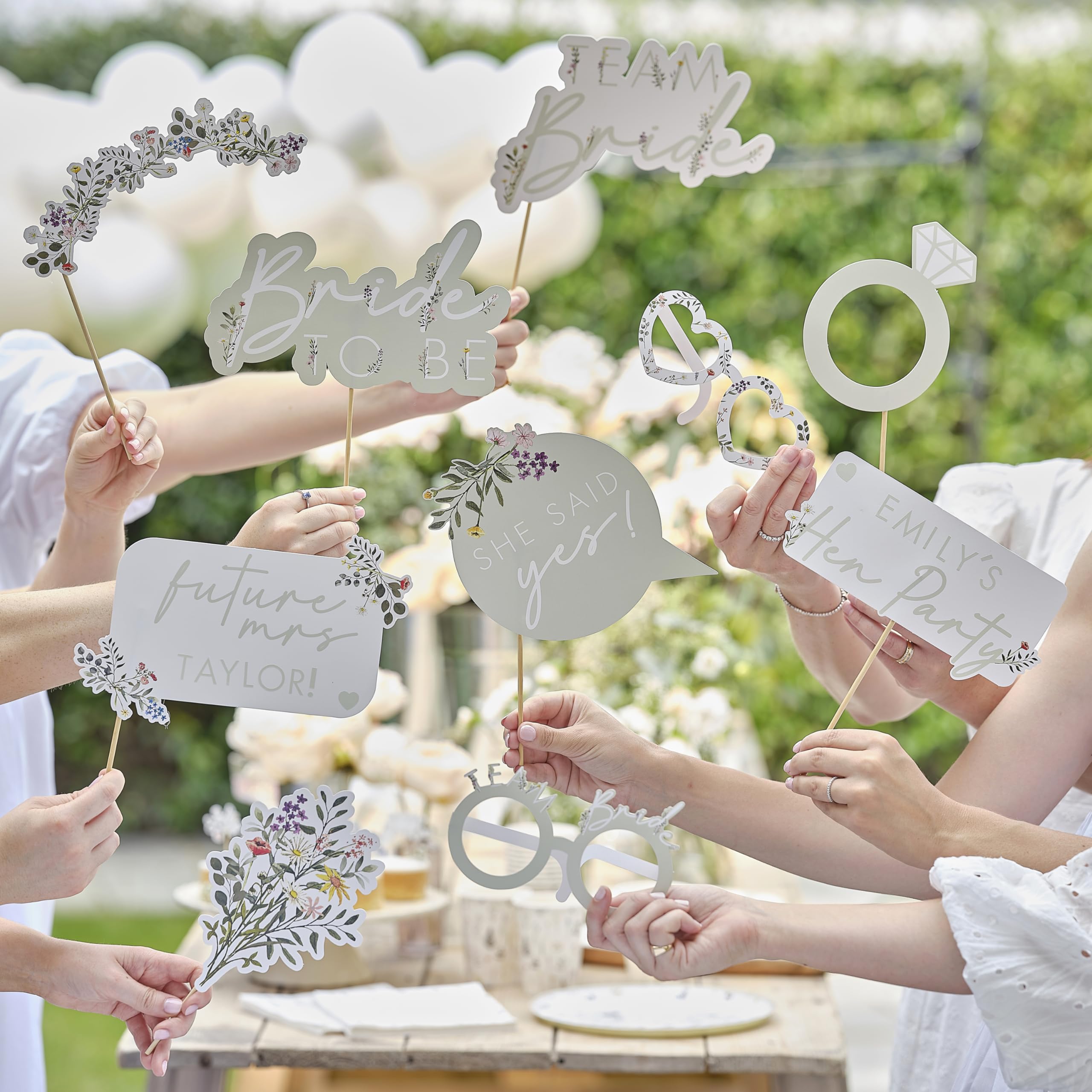 Ginger Ray Hen Party Photo Booth Props with Assorted Floral Designs and Customisable Stickers on Wooden Dowels 10 Pack