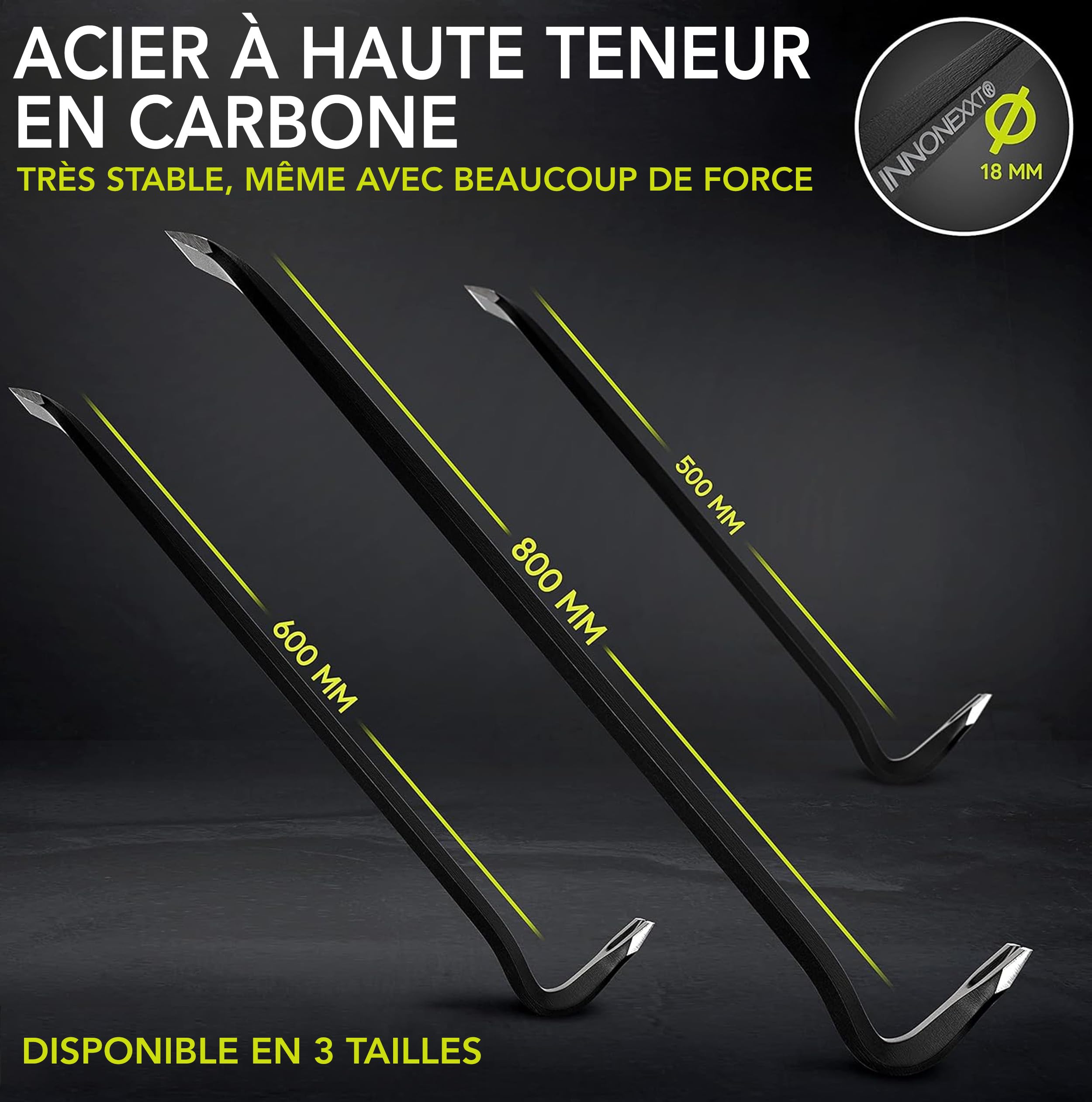 Pied à biche de qualité supérieure | 800 x 18 mm | En acier spécial | Pour clous, fentes de clous, pied de biche | Grattoir à burin, pied de biche | Effet de levier optimal