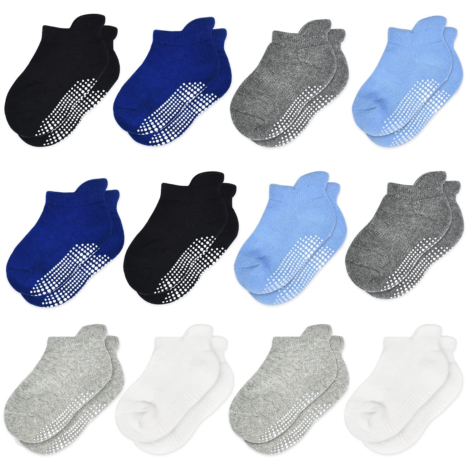 HYCLES Toddler Grip Socks Baby Boys Girls Ankle Socks with Grips 12 Pairs - Kids Non Slip Anti Skid Socks Grey 3-5 Years