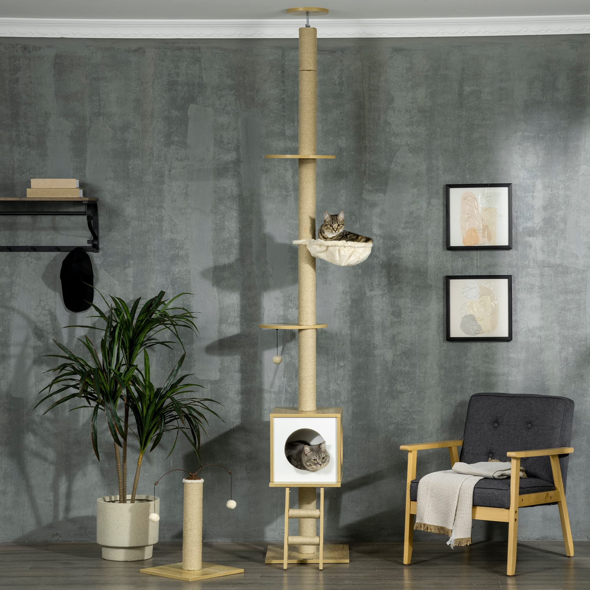 PawHut Set 2 Pezzi Albero per Gatti Altezza Regolabile 40x40x225-285 cm | in Truciolato, Tiragraffi per Gatti, Casetta, Amaca, Pallina da Gioco
