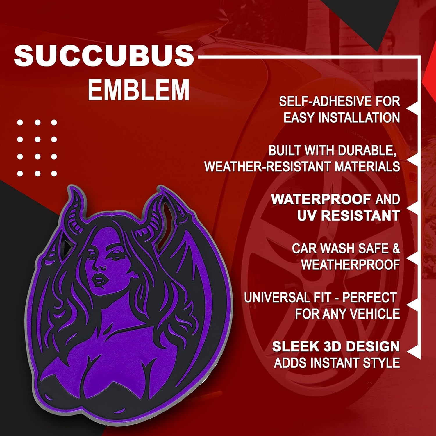 Succubus Emblem, Devil Girl Demon Goddess 3D Badge, Dark Gothic Lilith Style Auto, Custom 3D Exterior Automotive Accessories, Universal Fit for Car, Truck, SUV (Set of 2) (Purple)