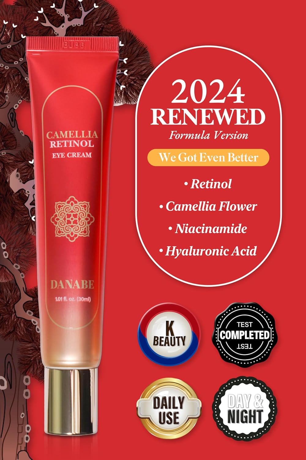 Camellia Retinol Eye Cream with Hyaluronic Acid | Daily Korean Eye Cream, Hydrating Eye Cream to Reduce Wrinkles, Fine Lines, Dark Spots & Eye Bags | No Animal Trials (0.67 fl oz) - Image 2