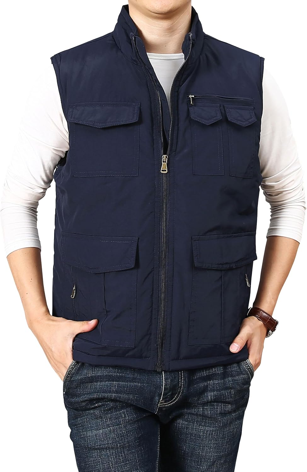 HOW'ON Men's Winter Fleece Lined Warm Vest Padded Puffer Vest Outdoor Sleeveless Jacket Multi Pocket