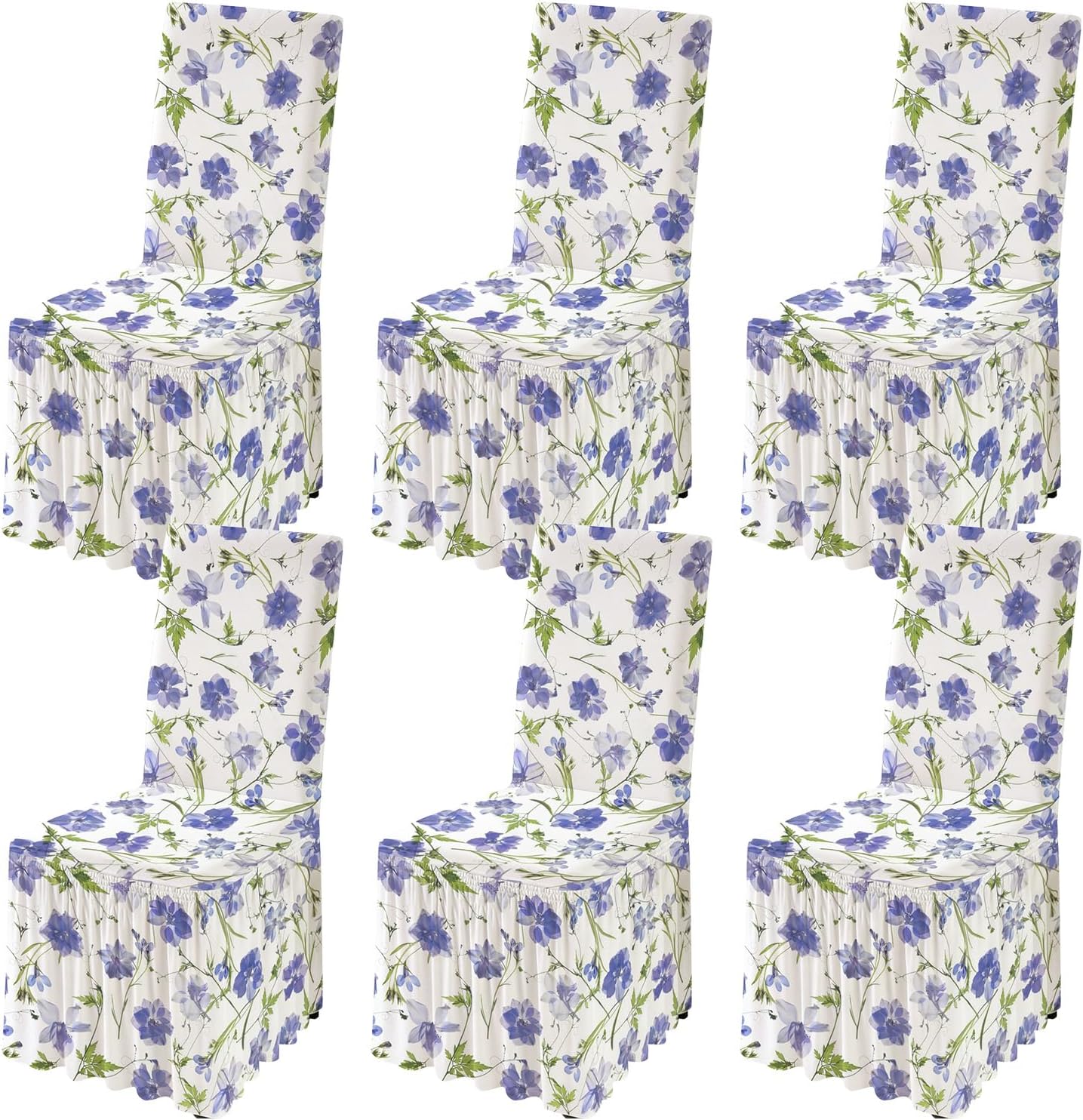 Rakila 6 Pack Printed Stretch Dining Chair Covers with Skirt, Spandex Removable Chair Slipcovers for Dining Kitchen Decoration, Blue Floral, Set of 6