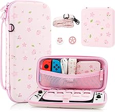 Cute Carrying Case for Nintendo Switch and Switch OLED, Hard Portable Travel Case for Switch and Switch OLED, Case Accessories Bundle with Game Case and 2 Thumb Caps - Sakura